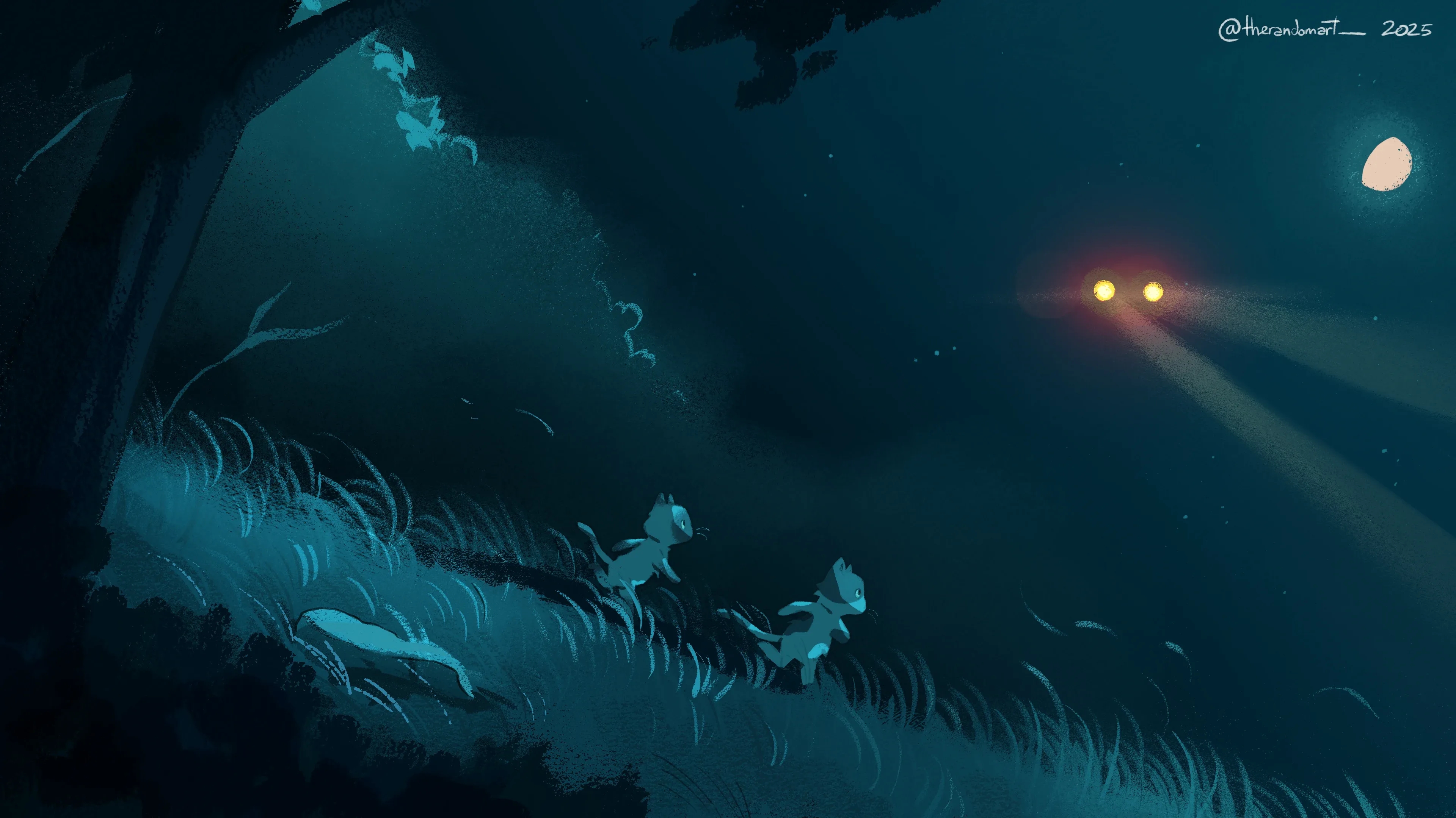 Two cats moving through tall grass on a hillside at night, painted concept for Lights