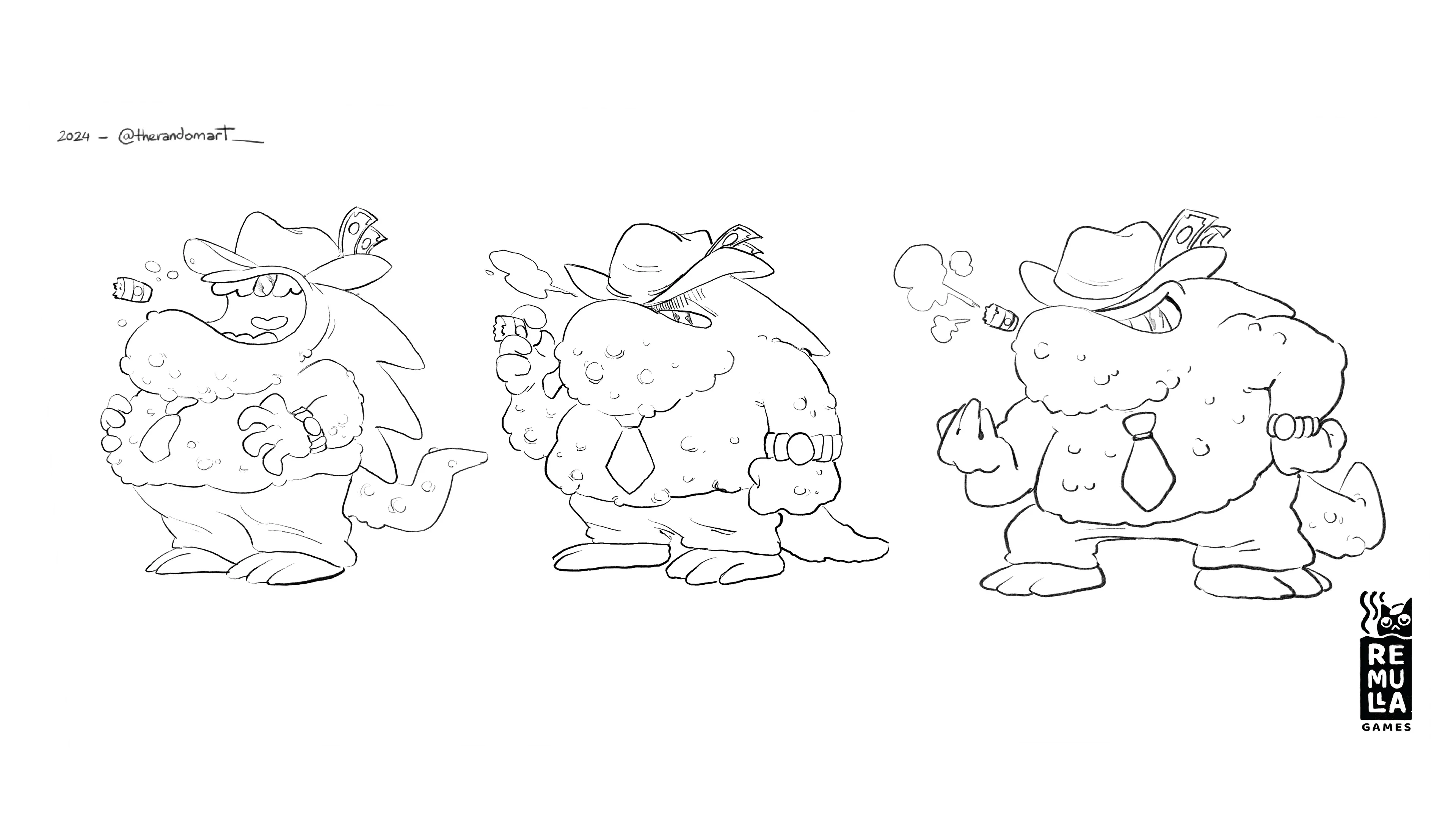 Study sheet for Kachin: three line drawings of a heavyset boss character in a hat with a cigar