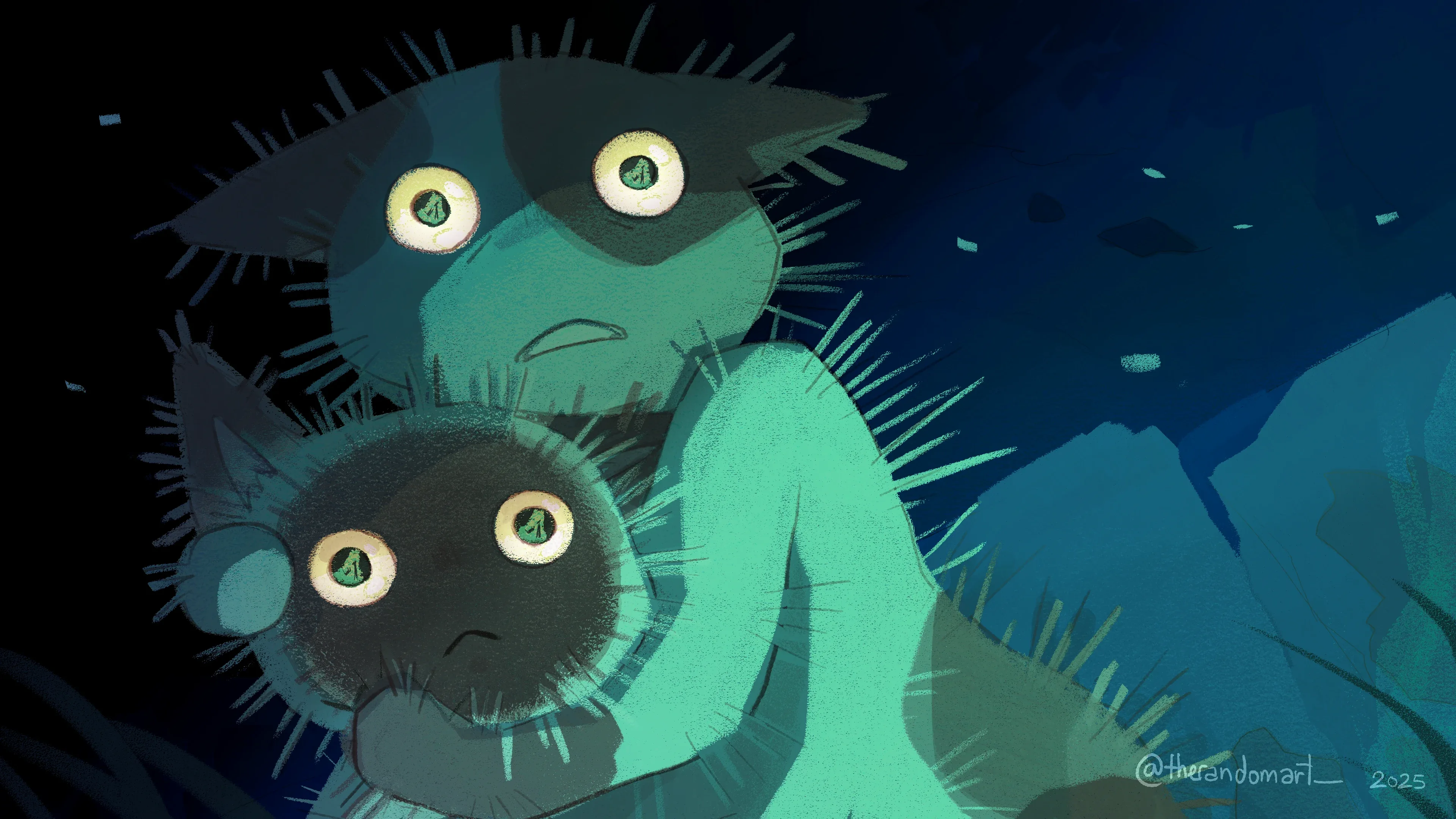 Two cats in a forest clearing at night, painted concept for Lights