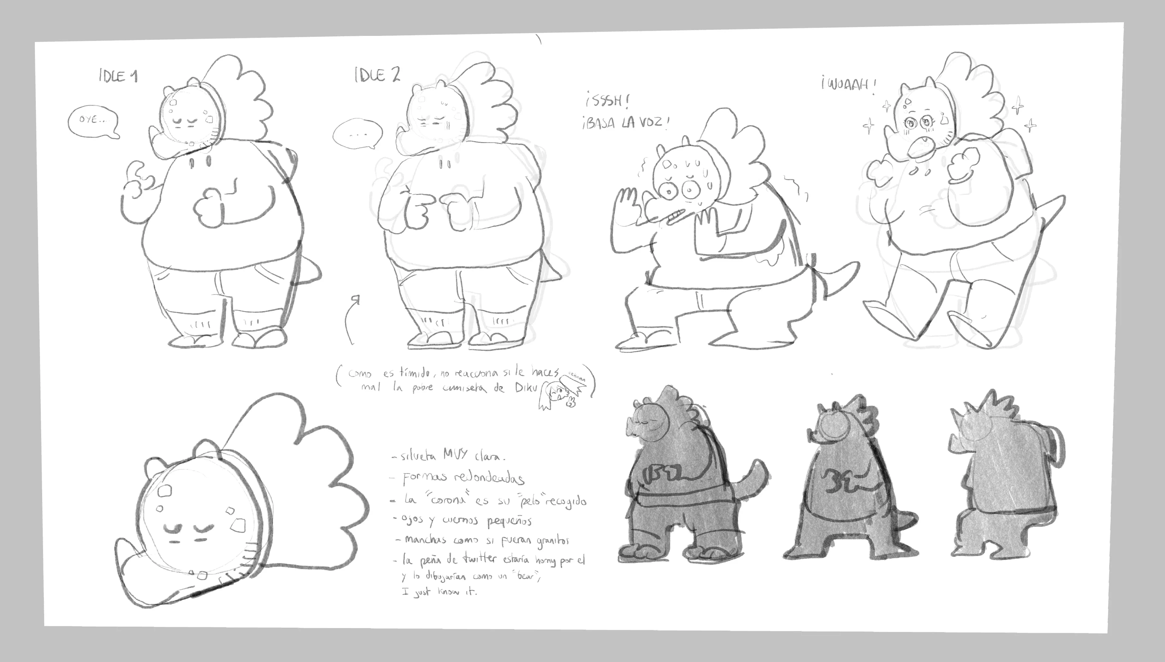 Study sheet for Kachin: pencil idle poses, a sleeping pose and three flat-black silhouette tests