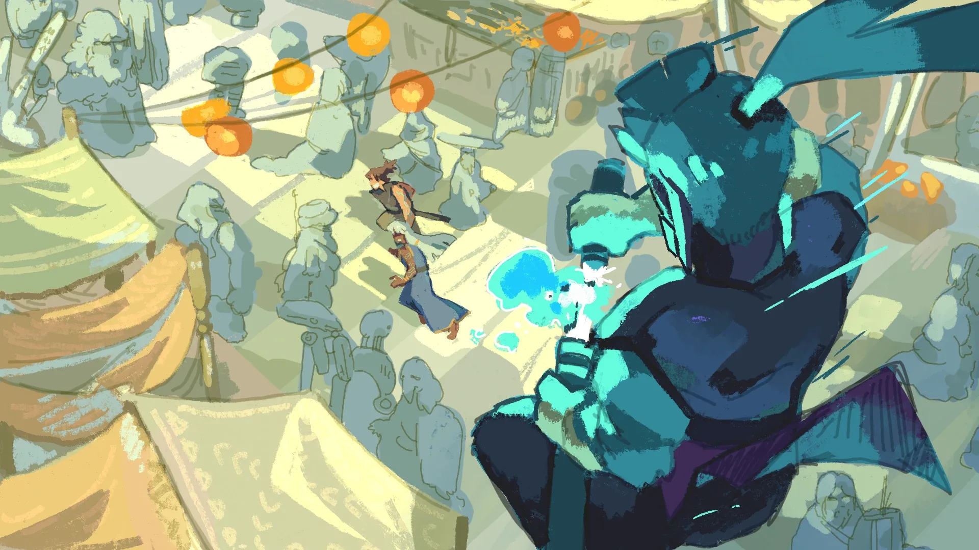 Characters at a glowing threshold, painted concept for DO
