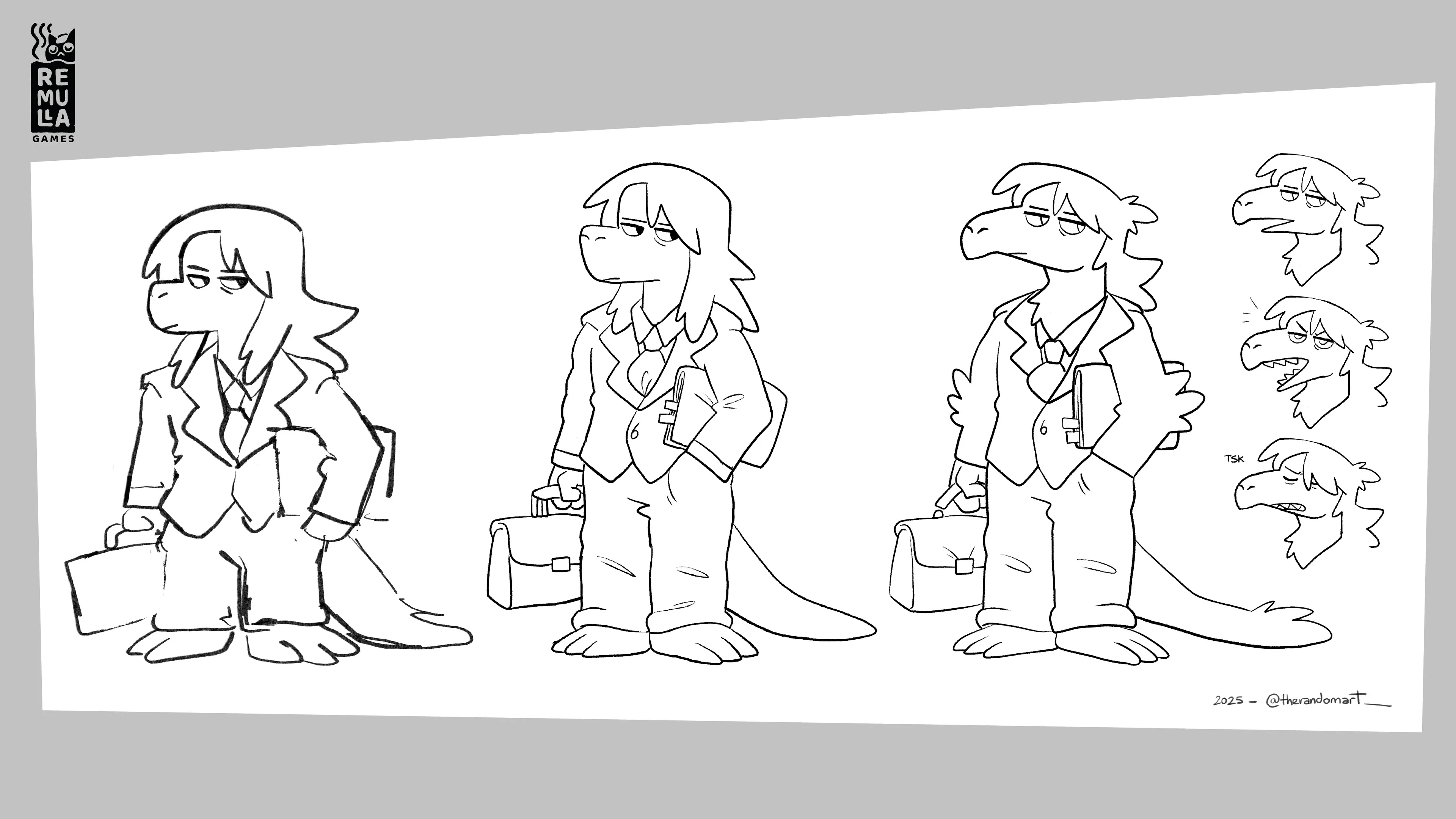Study sheet for Kachin: three line drawings of a saurian lawyer plus three head expressions