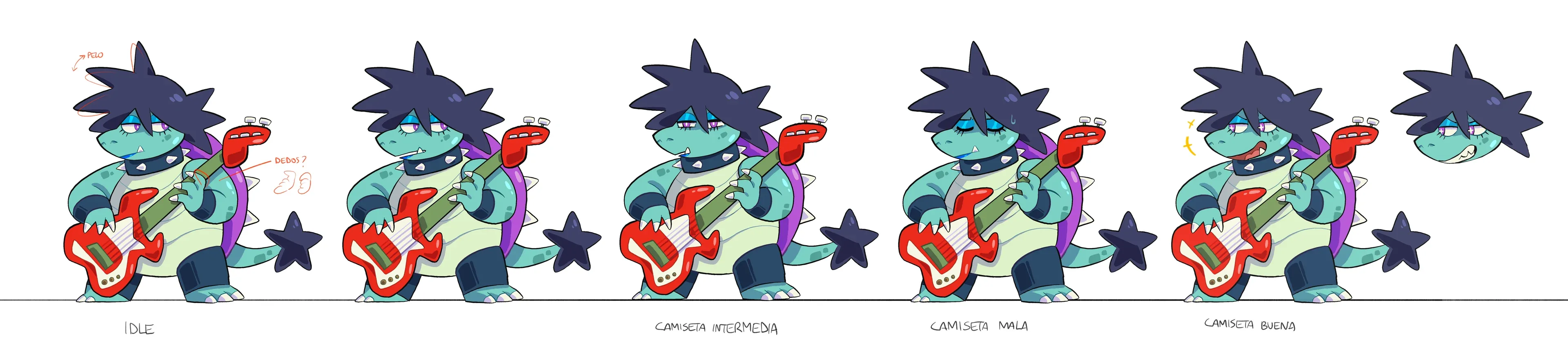 Pose sheet for Betty in Kachin, five poses of a saurian guitarist with a red electric guitar