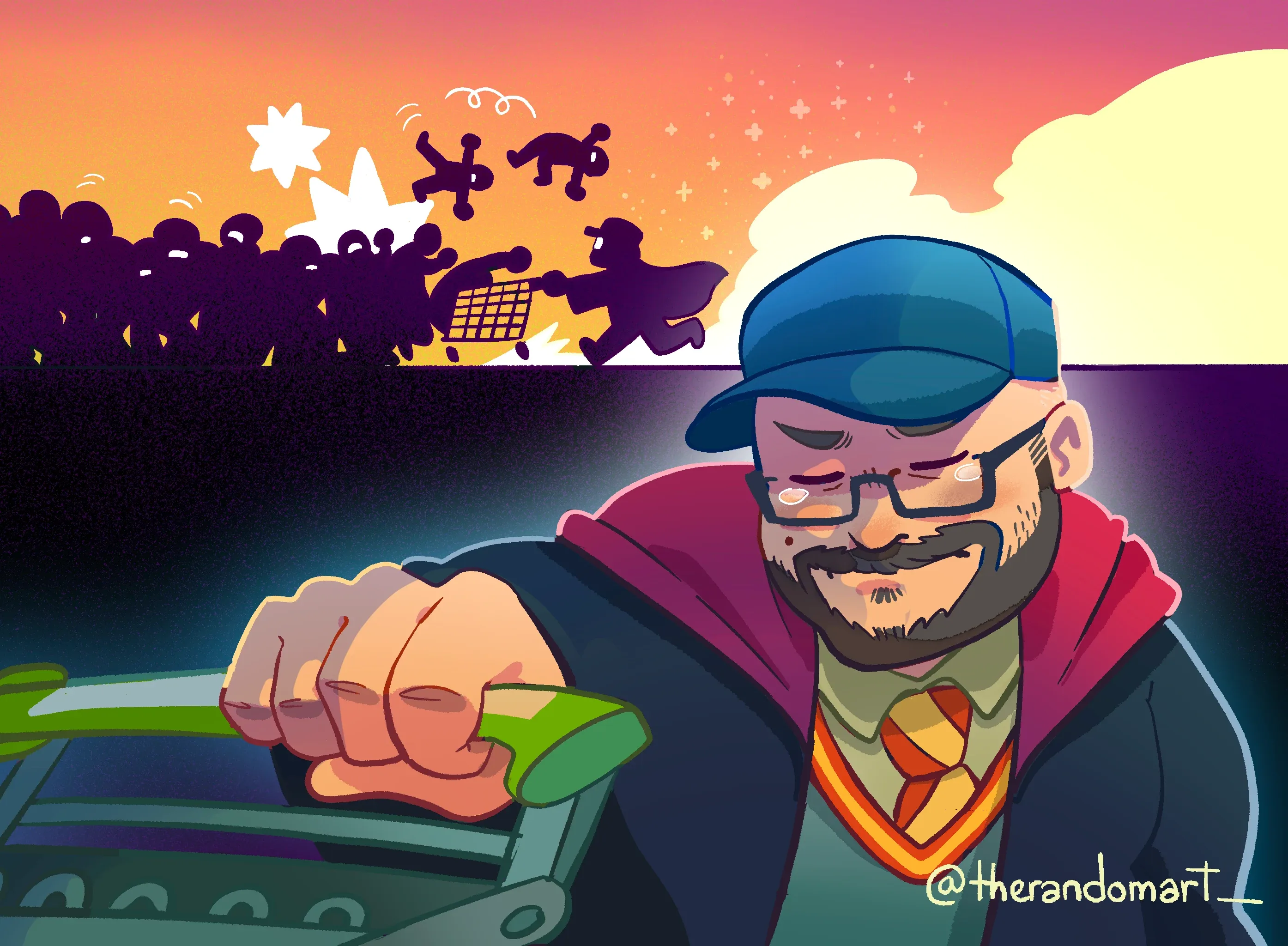 Card illustration: a man in a cap leaning on a shopping trolley while a crowd riots behind him at sunset