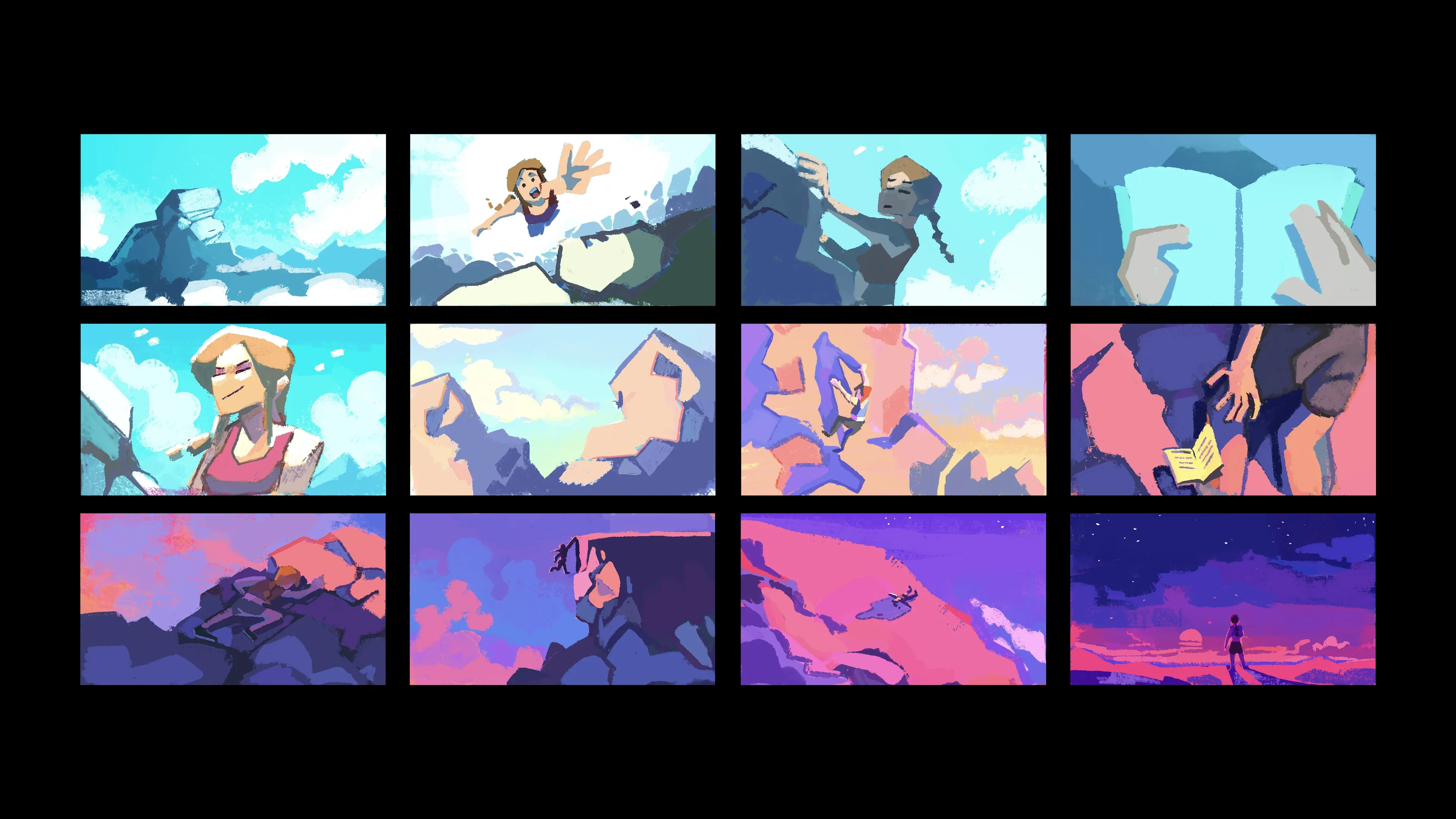 Color script board for Catharsis mapping mood across scenes