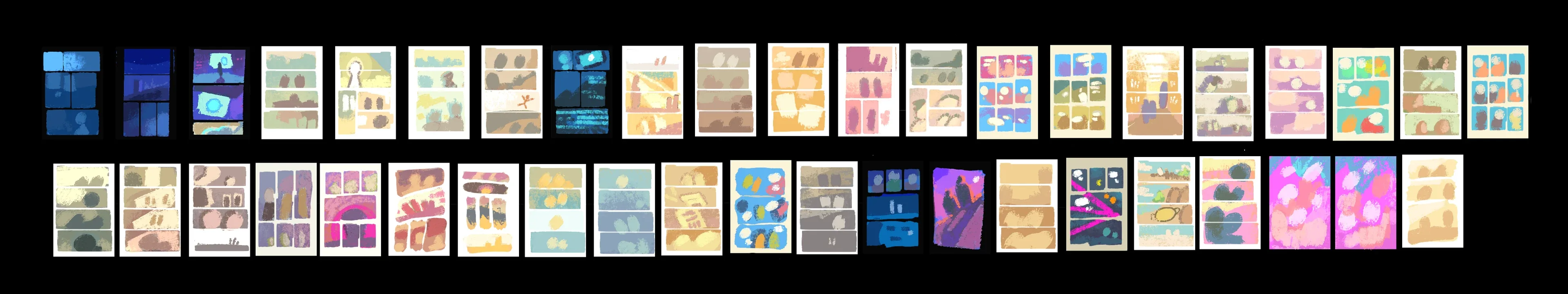 Long horizontal color script of a comic sequence, dozens of colour beats