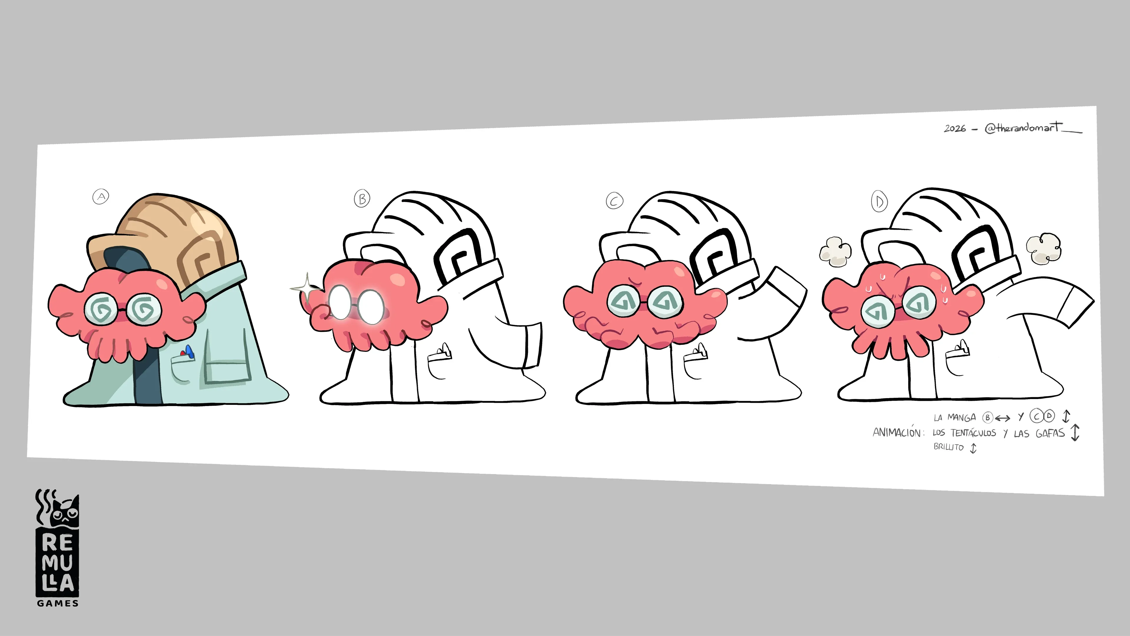 Pose sheet for Coni in Kachin, four versions of a tentacle-faced scientist in a lab coat