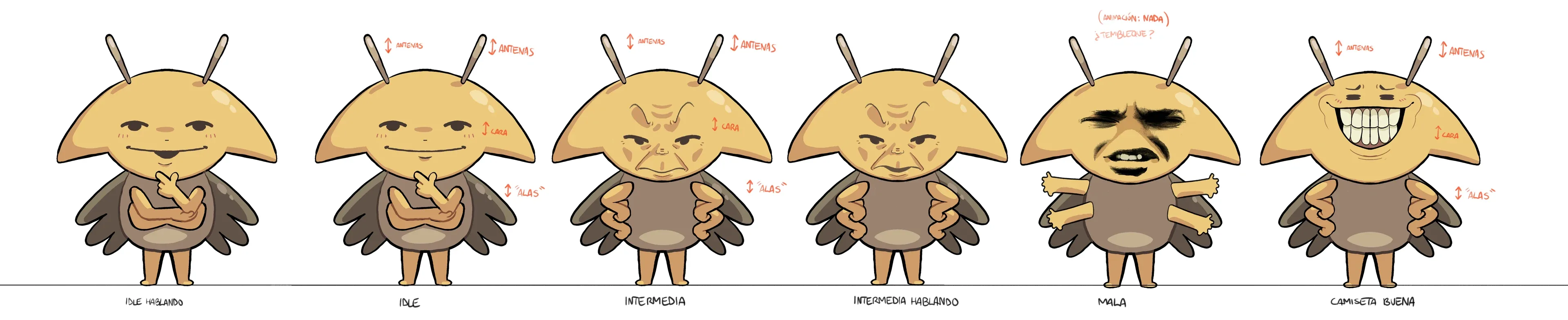 Pose sheet for Cruz in Kachin, six poses of a moth character reacting to a shirt