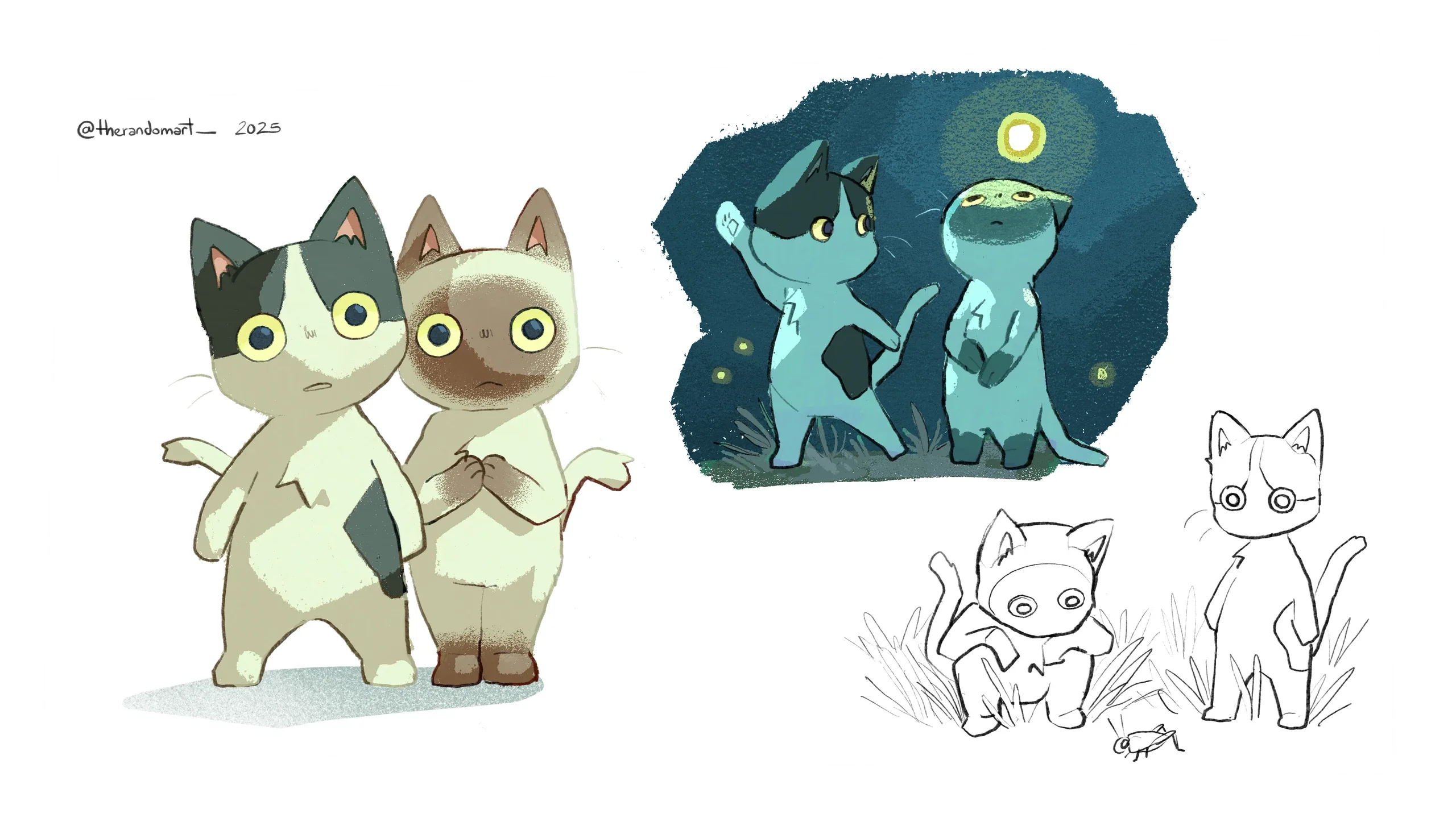 Two cats at night with fireflies (placeholder)