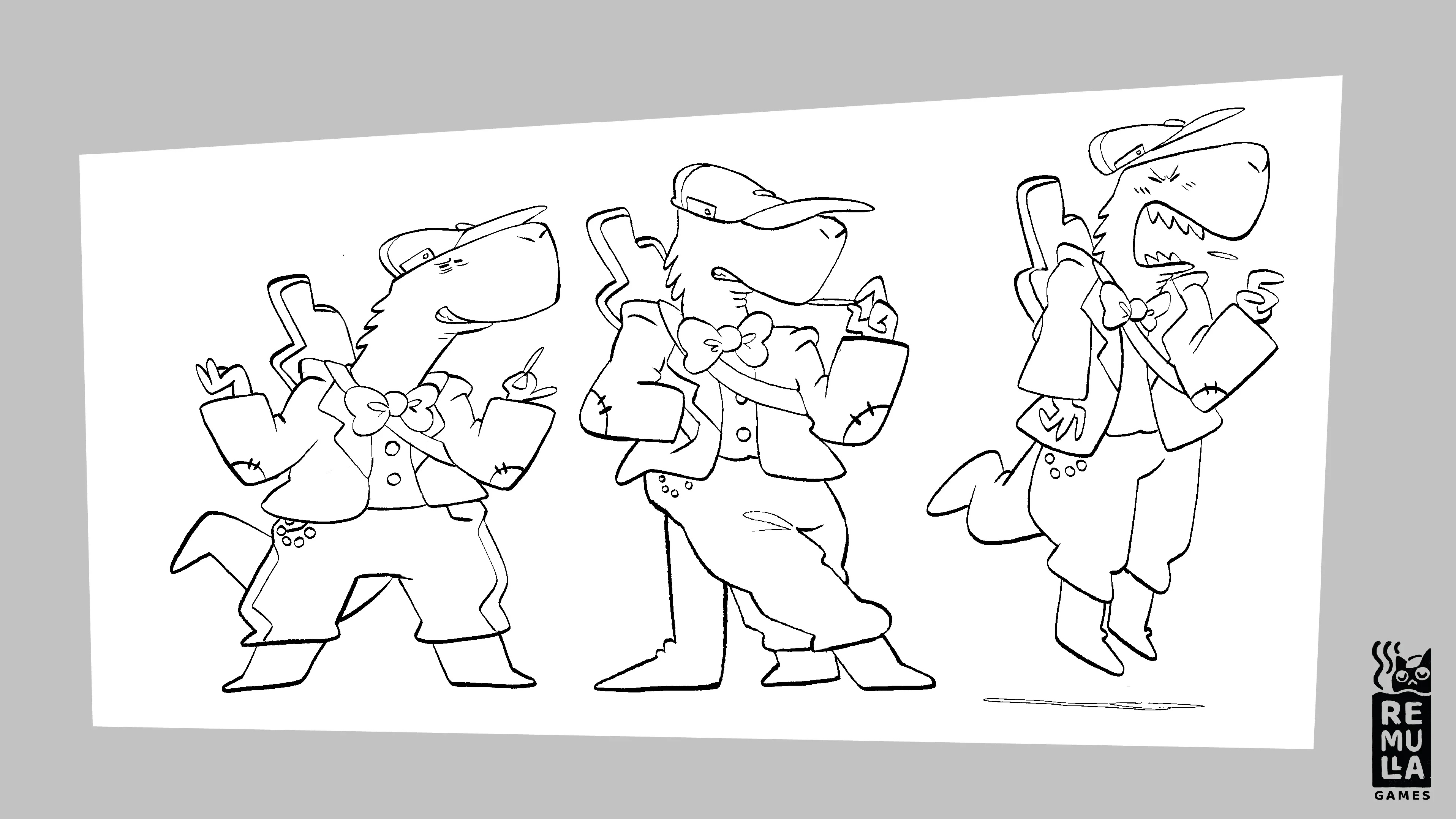 Pose sheet for Greg in Kachin, three line poses of an iguana in a bow tie and cap