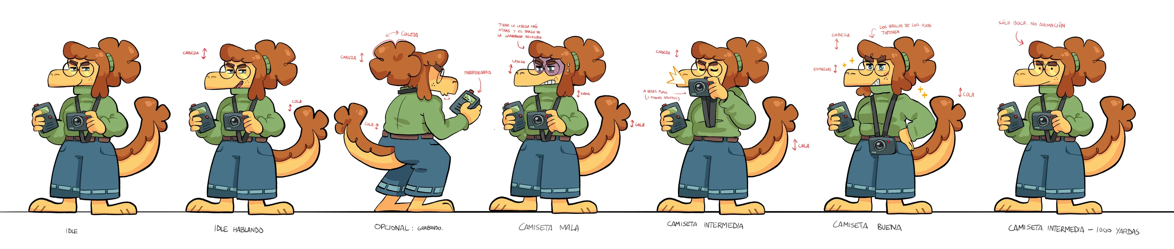 Pose sheet for Itziar in Kachin, seven full-body poses of a saurian photographer with animation notes