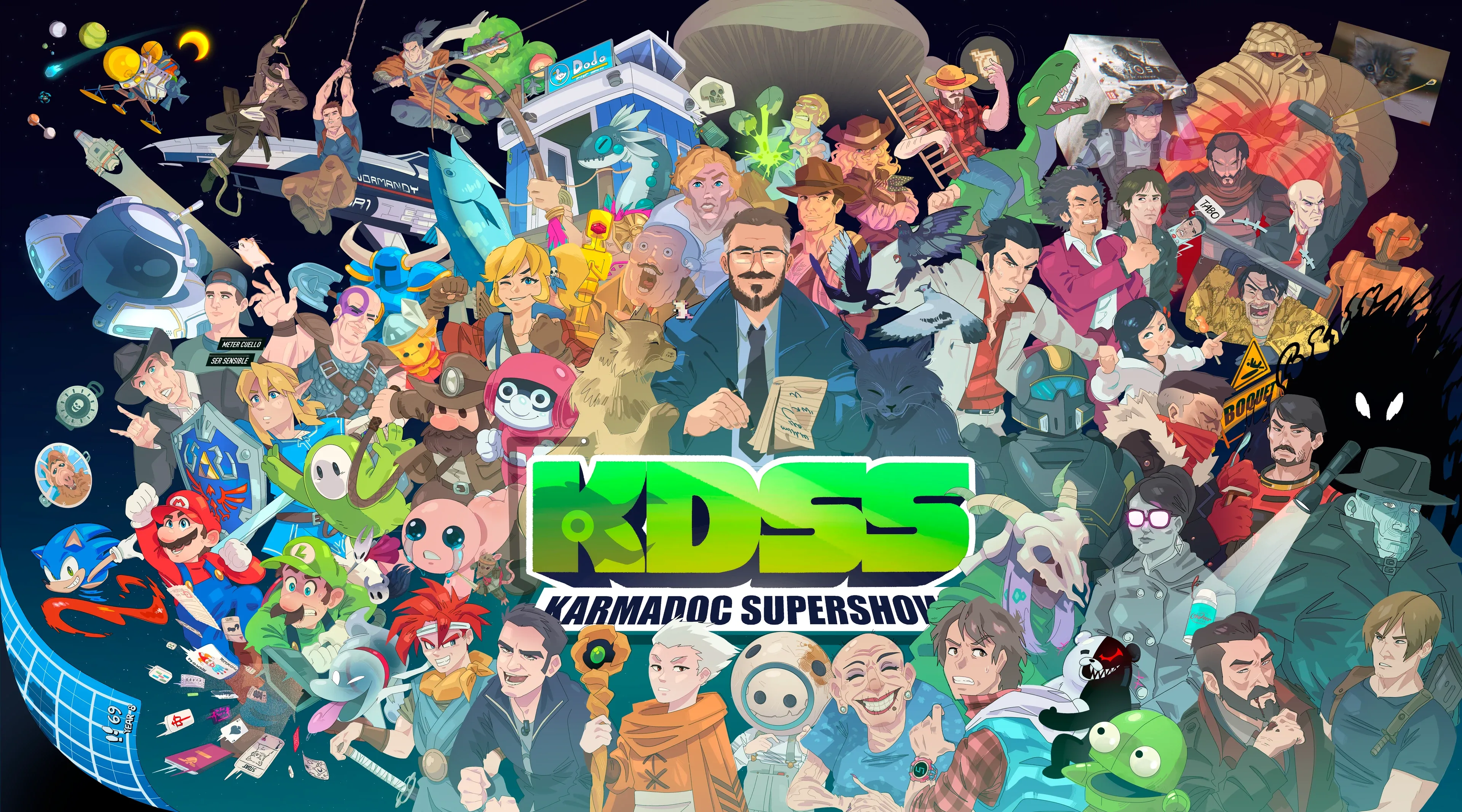 Karmadoc Supershow overlay: dozens of video-game characters crowded around the host and the KDSS logo