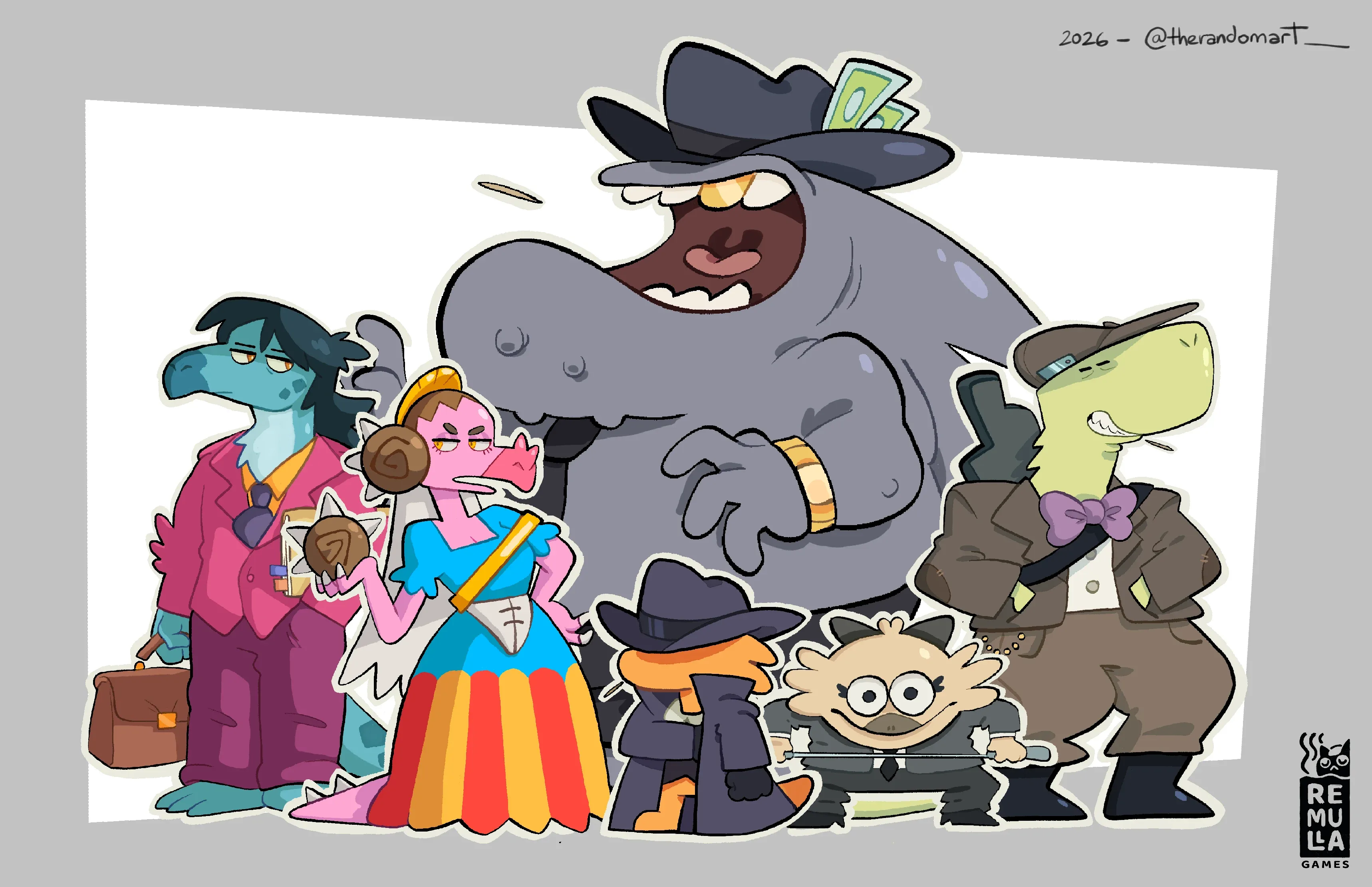 Colour line-up of the Kachin mafia cast: a hippo boss in a hat, a lizard in a trench coat, a lawyer, a bride and two small enforcers