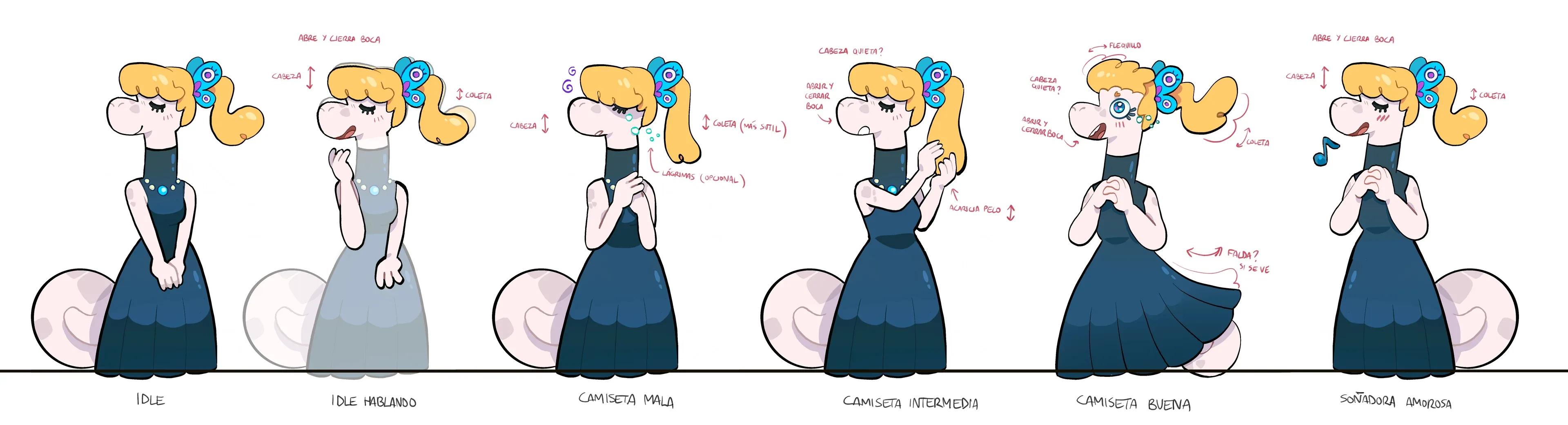 Pose sheet for Nati in Kachin, six poses of a snail character in a long dress