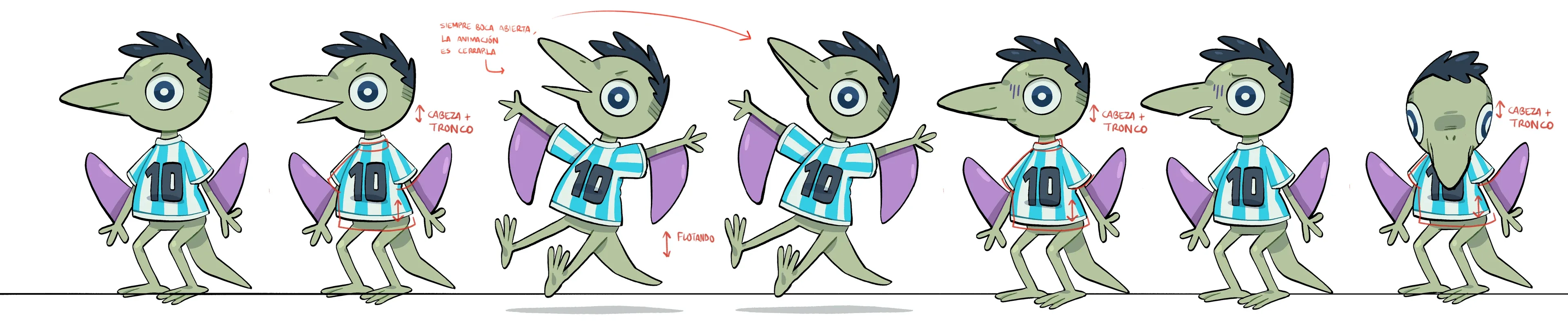 Pose sheet for Niñopana in Kachin, seven poses of a pterosaur in a striped number ten shirt
