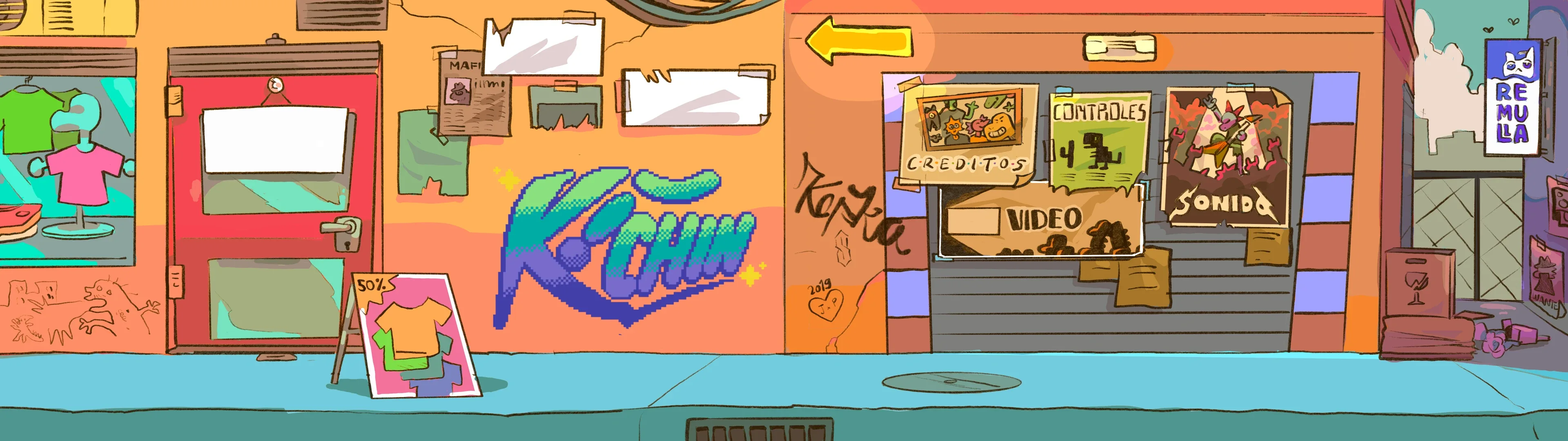 Ultra-wide Kachin street scene — arcade storefront, signage and graffiti, flat-colour concept