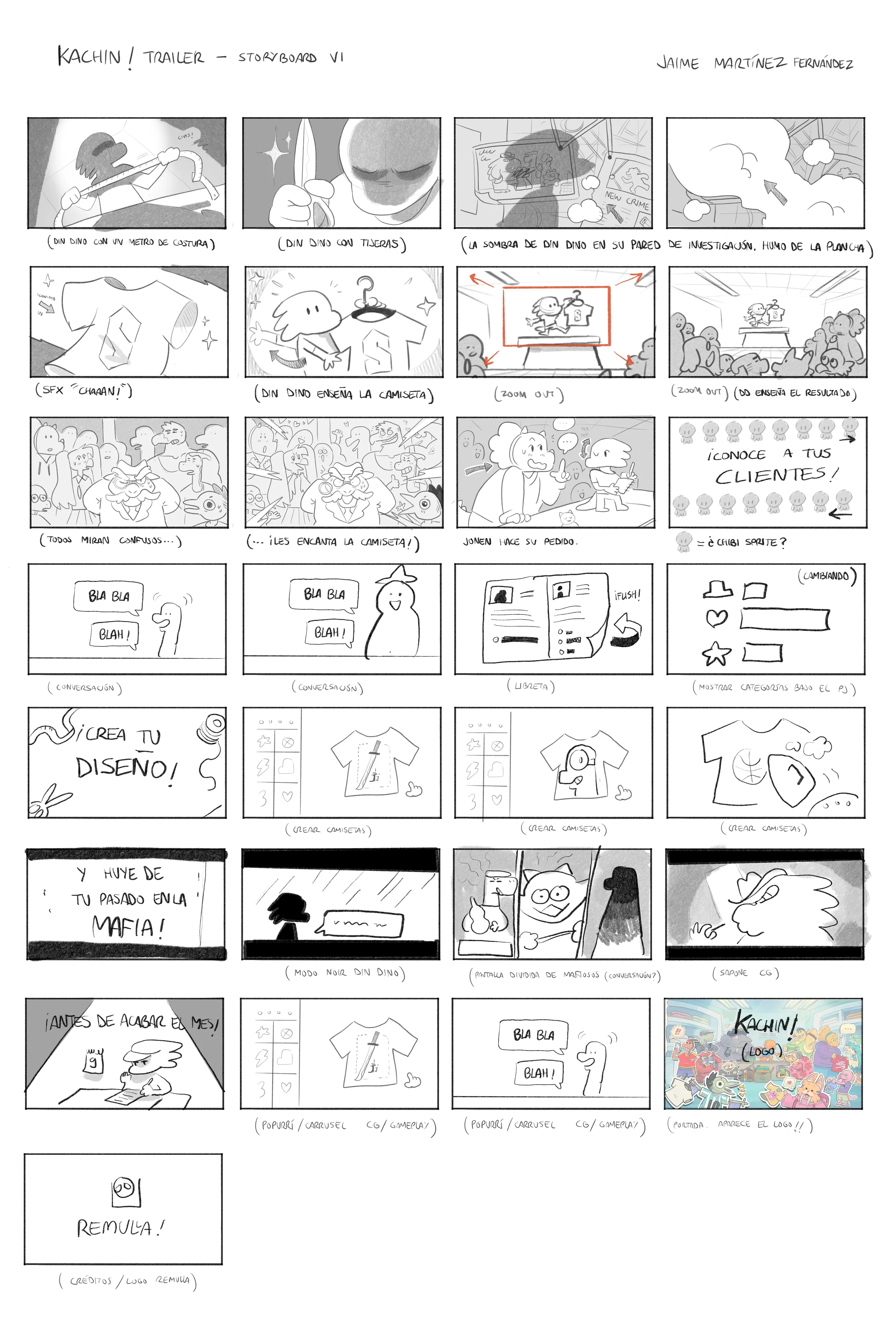 Trailer storyboard for Kachin: twenty-nine pencil panels across eight rows with handwritten action notes