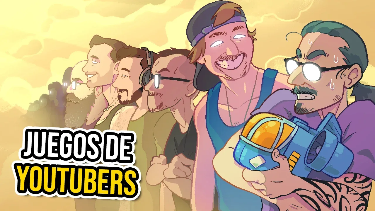 YouTube thumbnail: a row of streamers in profile at golden hour, one holding a toy blaster